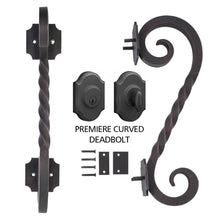 Load image into Gallery viewer, PINKYS Juno iron door pull handle features a classic design with twisted detail on the iron door pull handle w/ deadbolt lock set
