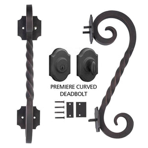 PINKYS Juno iron door pull handle features a classic design with twisted detail on the iron door pull handle w/ deadbolt lock set
