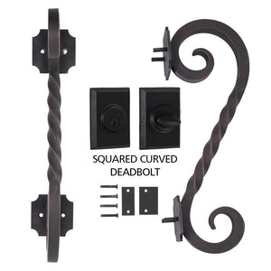PINKYS Juno iron door pull handle features a classic design with twisted detail on the iron door pull handle w/ squared deadbolt lockset