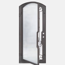 Load image into Gallery viewer, Single entryway door with a thick iron frame and a panel of glass behind an intricate iron design.
