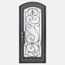 Load image into Gallery viewer, Single entryway door with a thick iron frame and a panel of glass behind an intricate iron design.