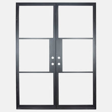 Load image into Gallery viewer, Double entryway door made from iron with simple horizontal bars and full panels of glass