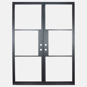 Double entryway door made from iron with simple horizontal bars and full panels of glass