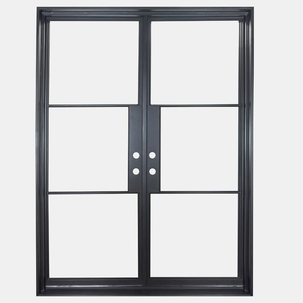 Black double opening steel door with 6 tempered glass held by dividers for Patio or entry door - PINKYS