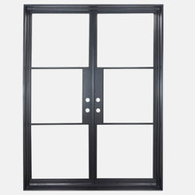 Load image into Gallery viewer, Double entryway door made from iron with simple horizontal bars and full panels of glass