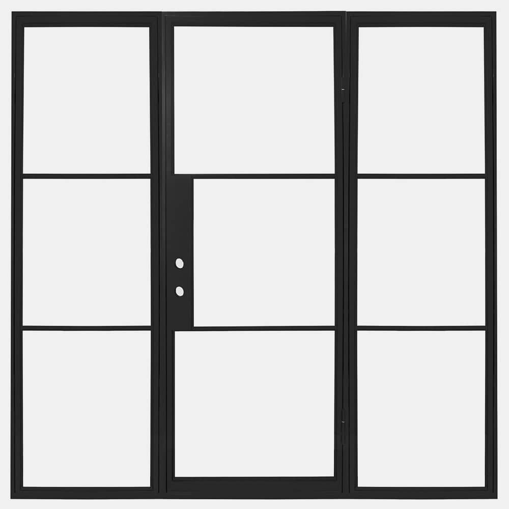 Single iron door with a full panel of glass and three thin horizontal bars with sidelights of the same design. Door is thermally broken to protect from extreme weather.