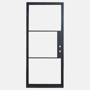 Single door made with a thin iron frame featuring two thin horizontal bars across a full length glass panel. Door is thermally broken to protect from extreme weather.