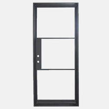 Load image into Gallery viewer, Single entryway door made from iron with simple horizontal bars and a full panel of glass