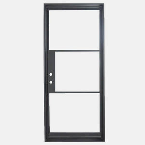 Single entryway door made from iron with simple horizontal bars and a full panel of glass