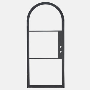Single iron door with 3 glass panels and a full arch on top. Door is thermally broken to protect from extreme weather.