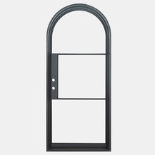 Load image into Gallery viewer, Single iron door with 3 glass panels and a full arch on top. Door is thermally broken to protect from extreme weather.