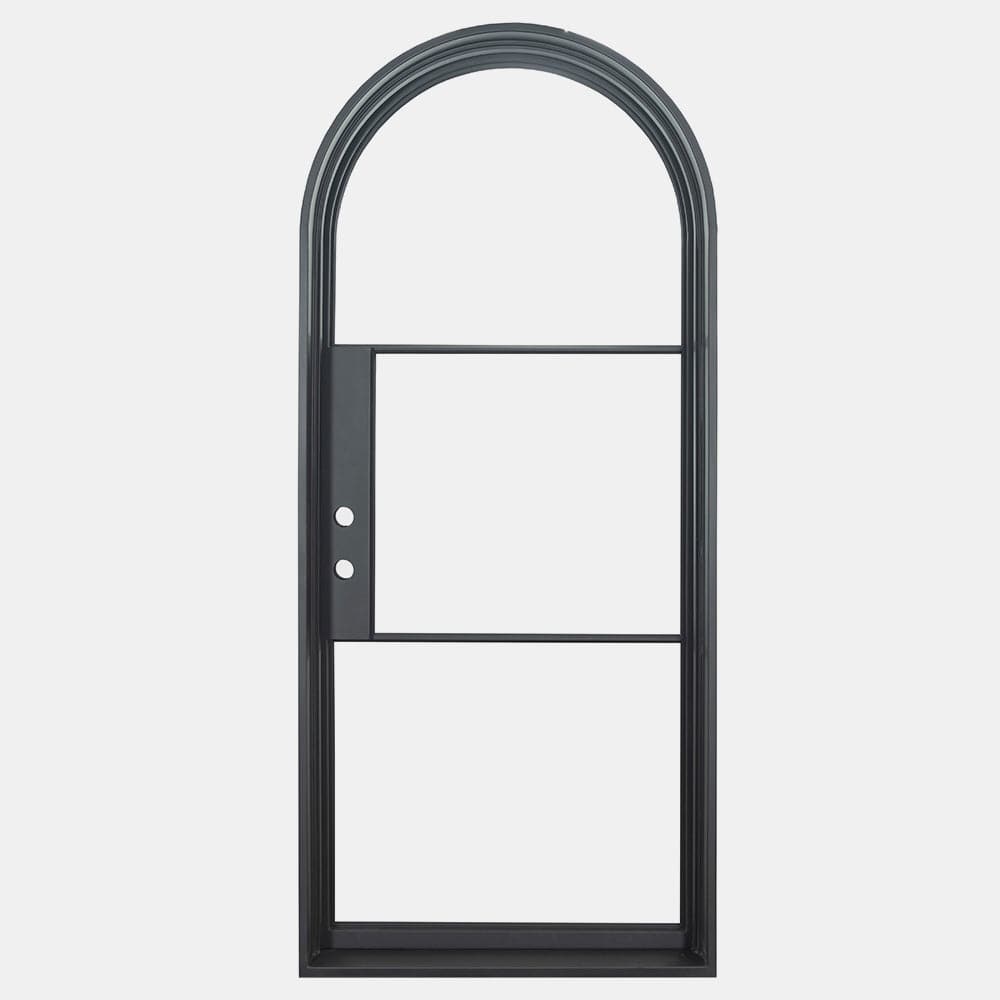 Single iron door with 3 glass panels and a full arch on top. Door is thermally broken to protect from extreme weather.