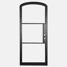 Load image into Gallery viewer, Mini Arched Black single opening steel door with 3 tempered glass panes held by dividers for Patio or entry door - PINKYS