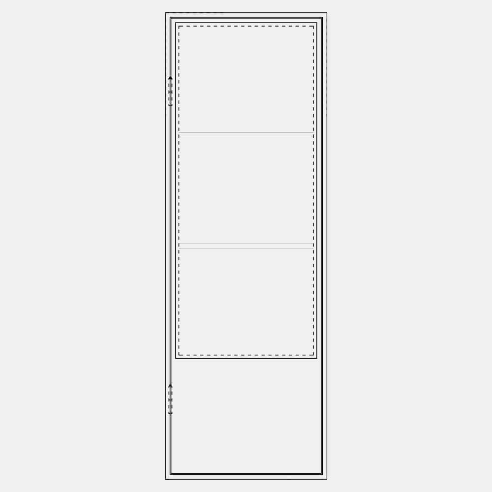 Diagram of PINKYS Air 5 Pantry single flat steel interior door w/kickplate with simple horizontal bars results in the perfect combination of classic and contemporary used as entry doors, patio and french doors, back or side steel doors, and even as steel room dividers.