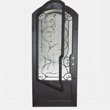 Load image into Gallery viewer, Single entryway door with a thick steel and iron frame, a large window behind an intricate iron pattern, a slight arch on top, and a solid bottom panel. Door is thermally broken to protect from extreme weather.
