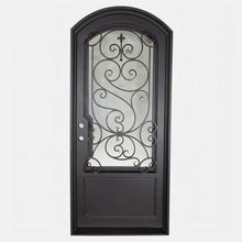 Load image into Gallery viewer, Single entryway door with a thick steel and iron frame, a large window behind an intricate iron pattern, a slight arch on top, and a solid bottom panel. Door is thermally broken to protect from extreme weather.