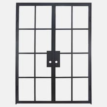 Load image into Gallery viewer, Double Flat Black Steel Door with Removable Threshold for entry doors, patio and french doors. Comes with Polyurethane dual foam weather stripping inside each frame, and 8 tempered single pane glass on each door - PINKYS