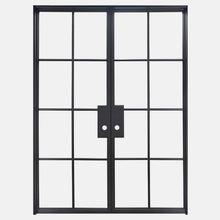 Load image into Gallery viewer, Double Flat Black Steel Door with Removable Threshold for entry doors, patio and french doors. Comes with Polyurethane dual foam weather stripping inside each frame, and 8 tempered single pane glass on each door - PINKYS