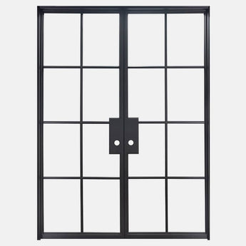 Double Flat Black Steel Door with Removable Threshold for entry doors, patio and french doors. Comes with Polyurethane dual foam weather stripping inside each frame, and 8 tempered single pane glass on each door - PINKYS
