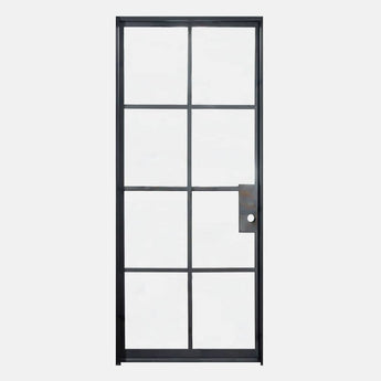 Single Flat Black Steel Door with Removable Threshold for entry doors, patio and french doors. Comes with Polyurethane dual foam weather stripping inside each frame, and 8 tempered single pane glass on each door - PINKYS