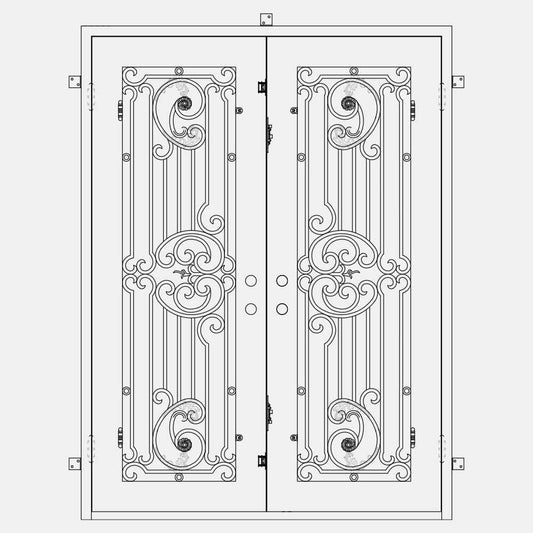 Double entryway doors with a thick iron and steel frame and a full pane of glass behind intricate iron detailing.