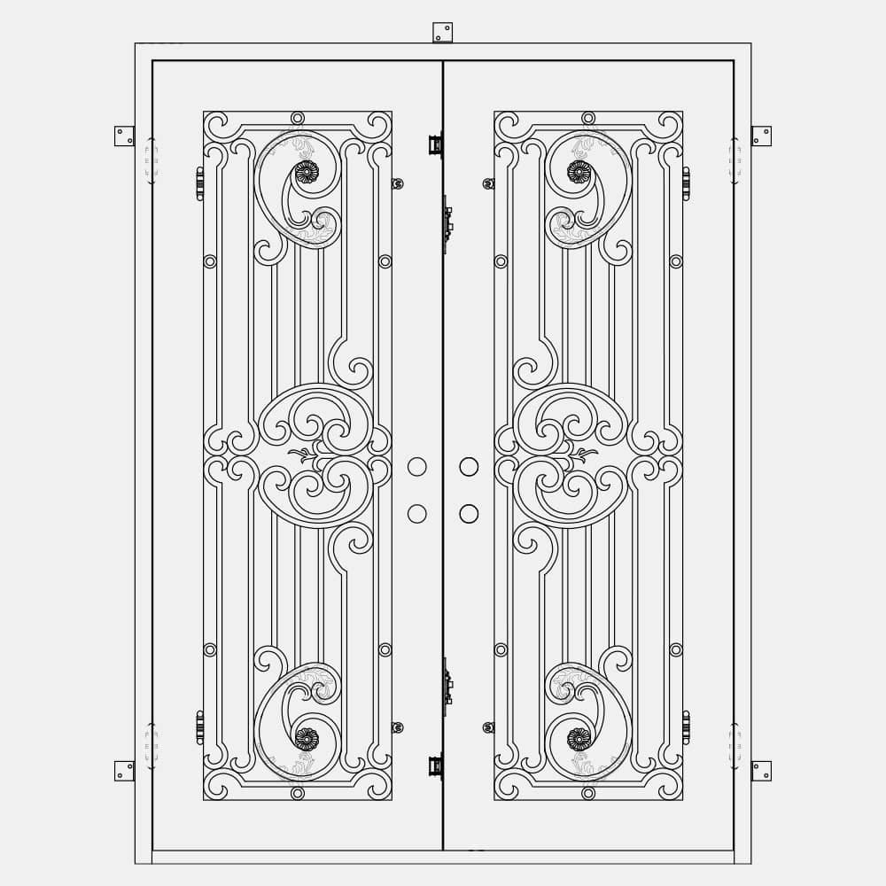 Double entryway doors with a thick iron and steel frame and a full pane of glass behind intricate iron detailing.