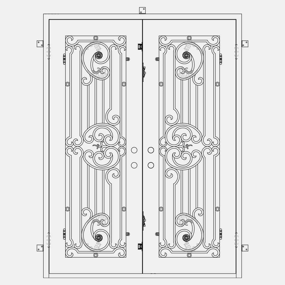 Double entryway doors with a thick iron and steel frame and a full pane of glass on each door behind intricate iron detailing. Doors are thermally broken to protect from extreme weather. 