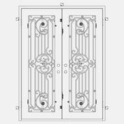 Double entryway doors with a thick iron and steel frame and a full pane of glass on each door behind intricate iron detailing. Doors are thermally broken to protect from extreme weather. 