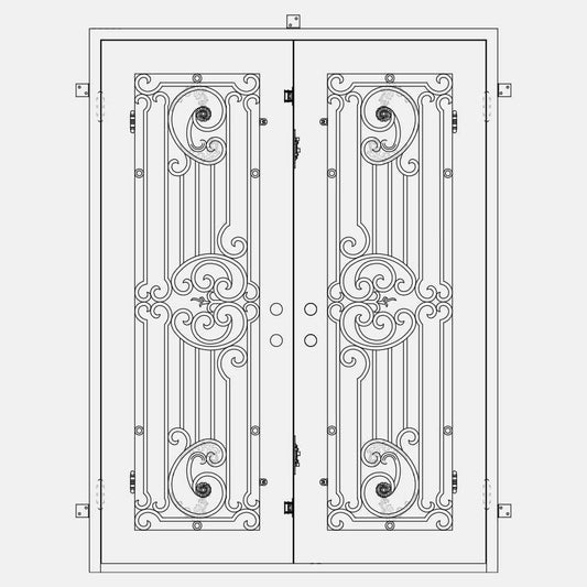 Double entryway doors with a thick iron and steel frame and a full pane of glass on each door behind intricate iron detailing. Doors are thermally broken to protect from extreme weather. 