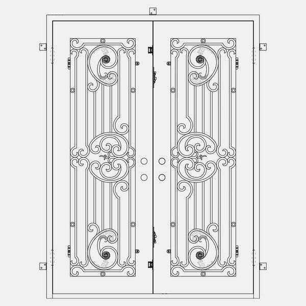 Double entryway doors with a thick iron and steel frame and a full pane of glass on each door behind intricate iron detailing. Doors are thermally broken to protect from extreme weather. 