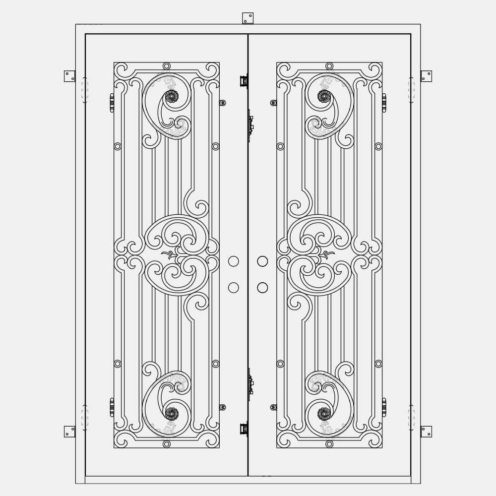 Double entryway doors with a thick iron and steel frame and a full pane of glass on each door behind intricate iron detailing. Doors are thermally broken to protect from extreme weather. 