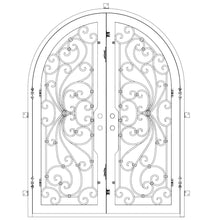 Load image into Gallery viewer, Double entryway doors with a thick iron and steel frame and a full pane of glass behind intricate iron detailing.