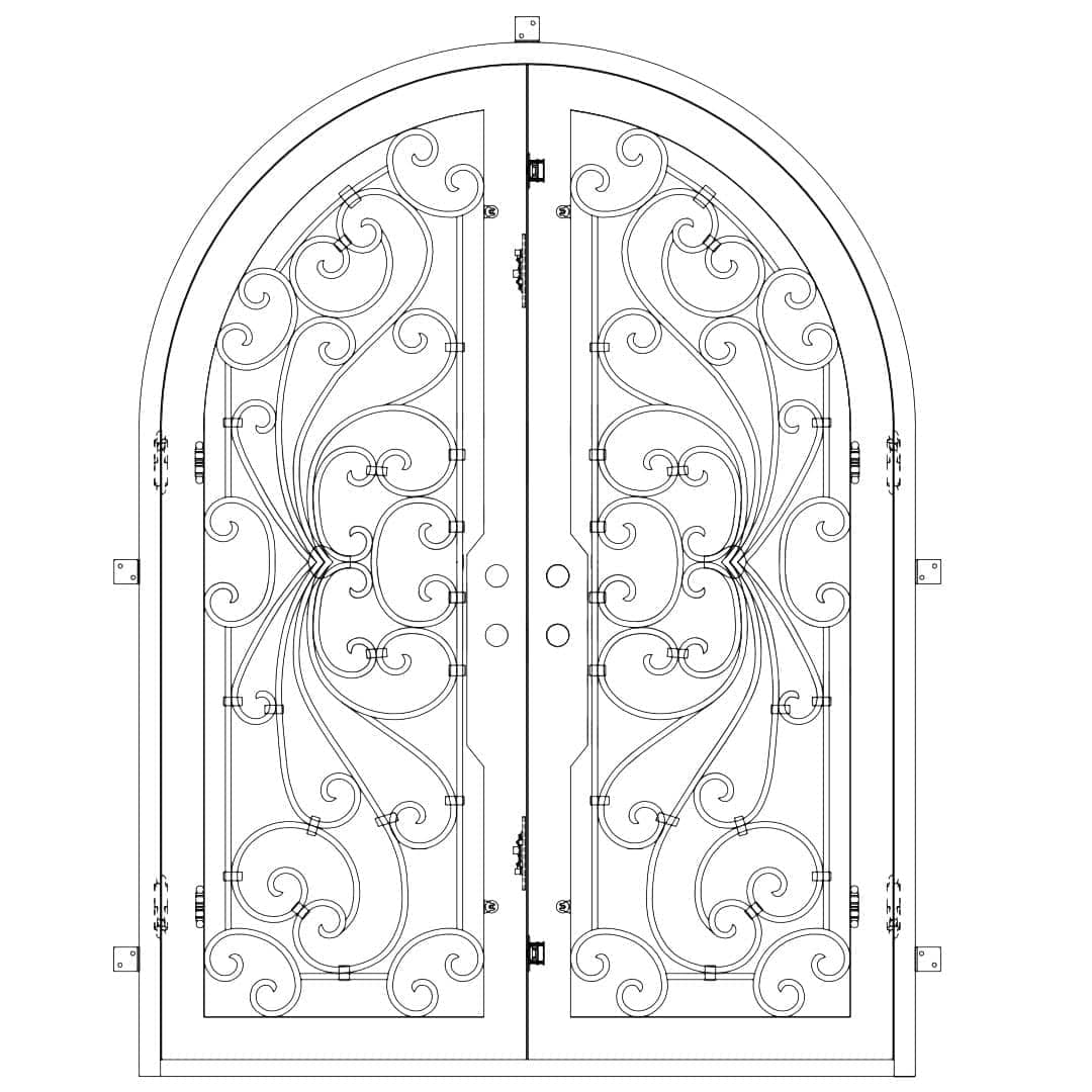 Double entryway doors with a thick iron and steel frame and a full pane of glass on each door behind intricate iron detailing. Doors have a full arch and are thermally broken to protect from extreme weather. 