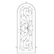 Load image into Gallery viewer, Single entryway door with a thick iron and steel frame and a full pane of glass behind intricate iron detailing. Door has a slight arch and is thermally broken to protect from extreme weather. 