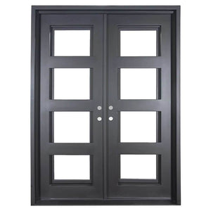 Double entryway doors made with a thick iron and steel frame and a full panel of glass behind 3 horizontal bars on each door. Doors are thermally broken to protect from extreme weather.