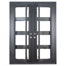 Load image into Gallery viewer, Steel and iron double doors used for entryways with 4 glass panels that open and horizontal dividers. Doors are thermally broken to protect from extreme weather.