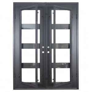 Steel and iron double doors used for entryways with 4 glass panels that open and horizontal dividers. Doors are thermally broken to protect from extreme weather.