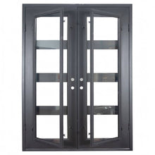 Load image into Gallery viewer, Double entryway doors made with a thick iron and steel frame and a full panel of glass behind 3 horizontal bars on each door. Doors are thermally broken to protect from extreme weather.