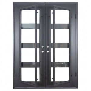 Double entryway doors made with a thick iron and steel frame and a full panel of glass behind 3 horizontal bars on each door. Doors are thermally broken to protect from extreme weather.