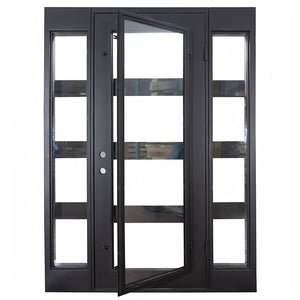 Steel and iron single door used for entryways with a full-length glass panel that opens, 4 horizontal dividers and sidelights. Door is thermally broken to protect from extreme weather.