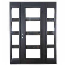 Load image into Gallery viewer, Steel and iron single door used for entryways with a full-length glass panel that opens, 4 horizontal dividers and sidelights. Door is thermally broken to protect from extreme weather.