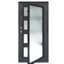 Load image into Gallery viewer, Steel and iron single door used for entryways with a full-length glass panel that opens and 4 horizontal dividers. Door is thermally broken to protect from extreme weather.