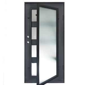 Steel and iron single door used for entryways with a full-length glass panel that opens and 4 horizontal dividers. Door is thermally broken to protect from extreme weather.