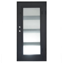 Load image into Gallery viewer, Steel and iron single door used for entryways with a full-length glass panel that opens and 4 horizontal dividers. Door is thermally broken to protect from extreme weather.