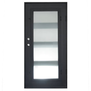 Steel and iron single door used for entryways with a full-length glass panel that opens and 4 horizontal dividers. Door is thermally broken to protect from extreme weather.