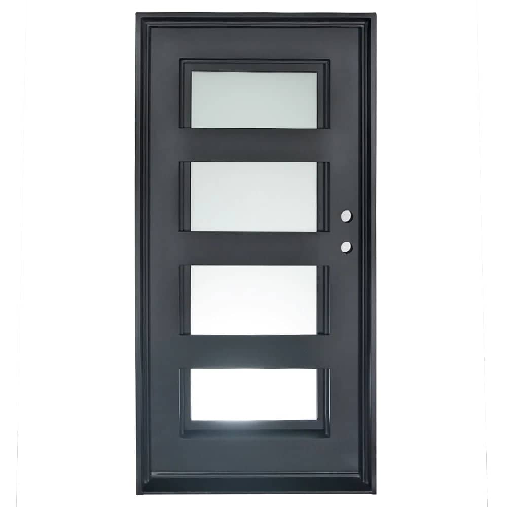 Steel and iron single door used for entryways with a full-length glass panel that opens and 4 horizontal dividers. Door is thermally broken to protect from extreme weather.