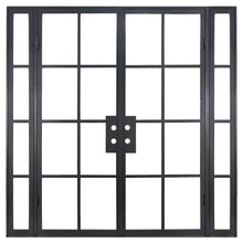 Load image into Gallery viewer, Double doors made of iron with 8 panels of glass on each side and 4 sidelights. Doors are thermally broken to protect from extreme weather.