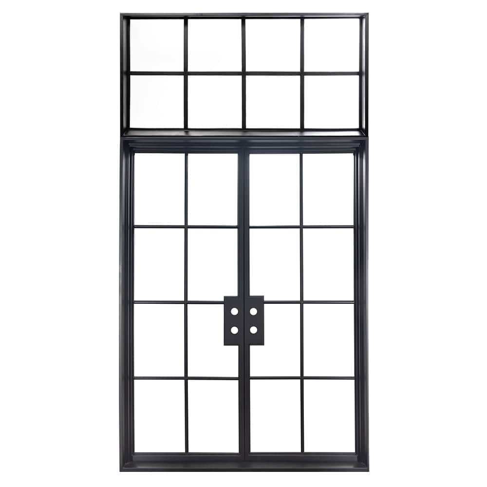 Double door made of iron featuring 8 glass panels on each side and an 8-panel glass transom on top. Doors and transom are thermally broken to protect from extreme weather.