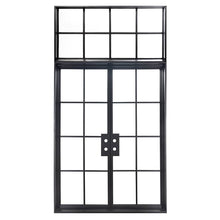 Load image into Gallery viewer, Double door made of iron featuring 8 glass panels on each side and an 8-panel glass transom on top. Doors and transom are thermally broken to protect from extreme weather.