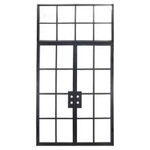 Load image into Gallery viewer, Double door made of iron featuring 8 glass panels on each side and an 8-panel glass transom on top. Doors and transom are thermally broken to protect from extreme weather.
